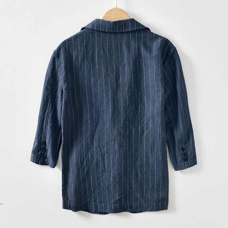 Summer Men's Suits&blazers Japanese Retro Style Stripes Cotton Linen Three Quarter Sleeve Blazer Jacket Slim Fit Casual Jacket
