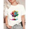 Oversize Women's Short-Sleeve T-Shirt with Rainbow Gradient Ink-Splash Rose (with Paint Dripping Effect) Print