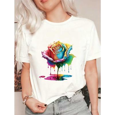 Übergroßes Damen-Kurzarm-T-Shirt mit Regenbogen-Farbverlauf, Tintenspritzer, Rose (mit Farbe-Tropf-Effekt) Drucken