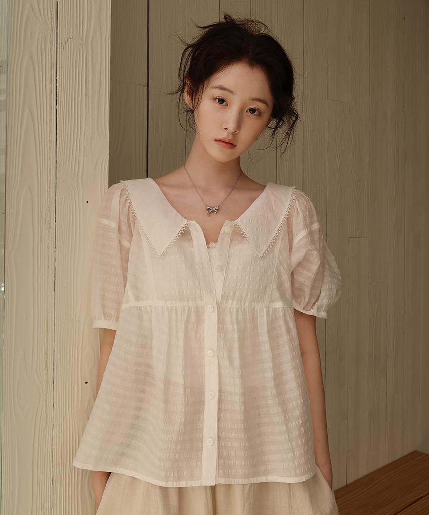 Ollibeudeollibeu Puff Sleeve Ribbon Sheer Blouse Ow6Mb6020