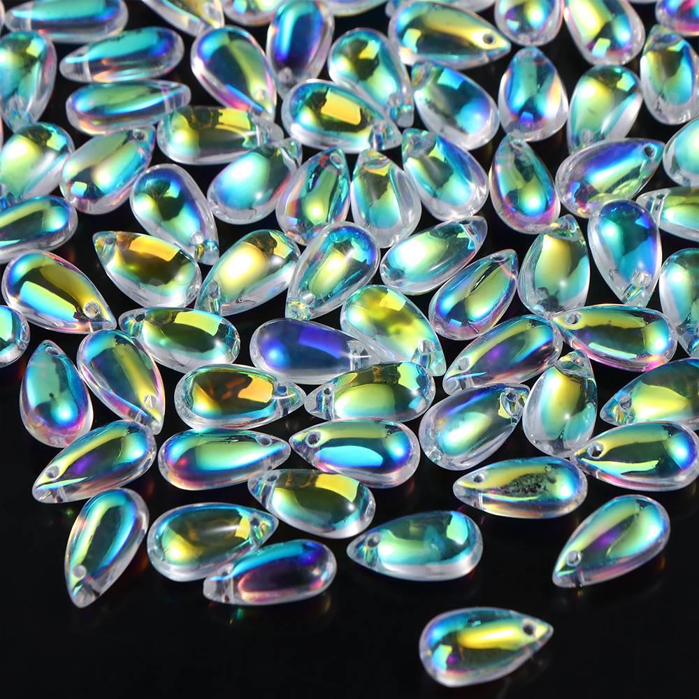 100 STK Gjennomsiktig Vanndråpe Krystall Perforert Krystallpynt Glassperle Smykkefremstilling