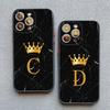 Crown Letter A To Z Phone Case For Iphone 16 13 14 15 Pro Max 11 12 8 7 Plus SE20 X XR XS Marble Pattern Black Shockproof Cover