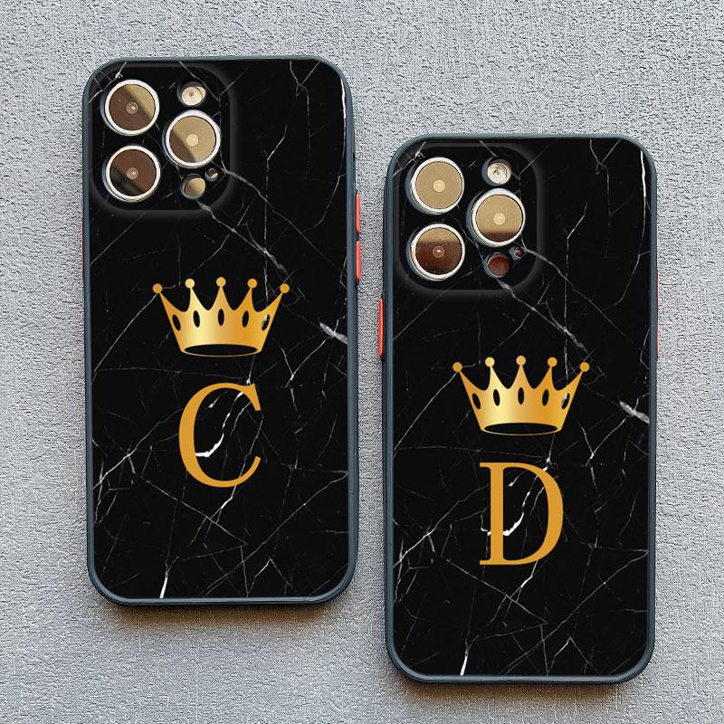 Crown Letter A To Z Phone Case For Iphone 16 13 14 15 Pro Max 11 12 8 7 Plus SE20 X XR XS Marble Pattern Black Shockproof Cover