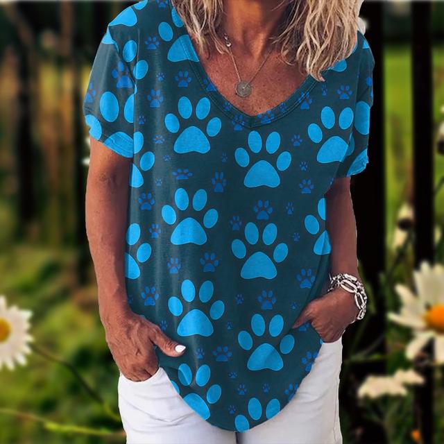 Tričko pro ženy Potisk Kočičí Dívčí Tričko Móda Léto Krátký rukáv Výstřih do V Ležérní Volný Top Oversized Dámská Streetwear Košile