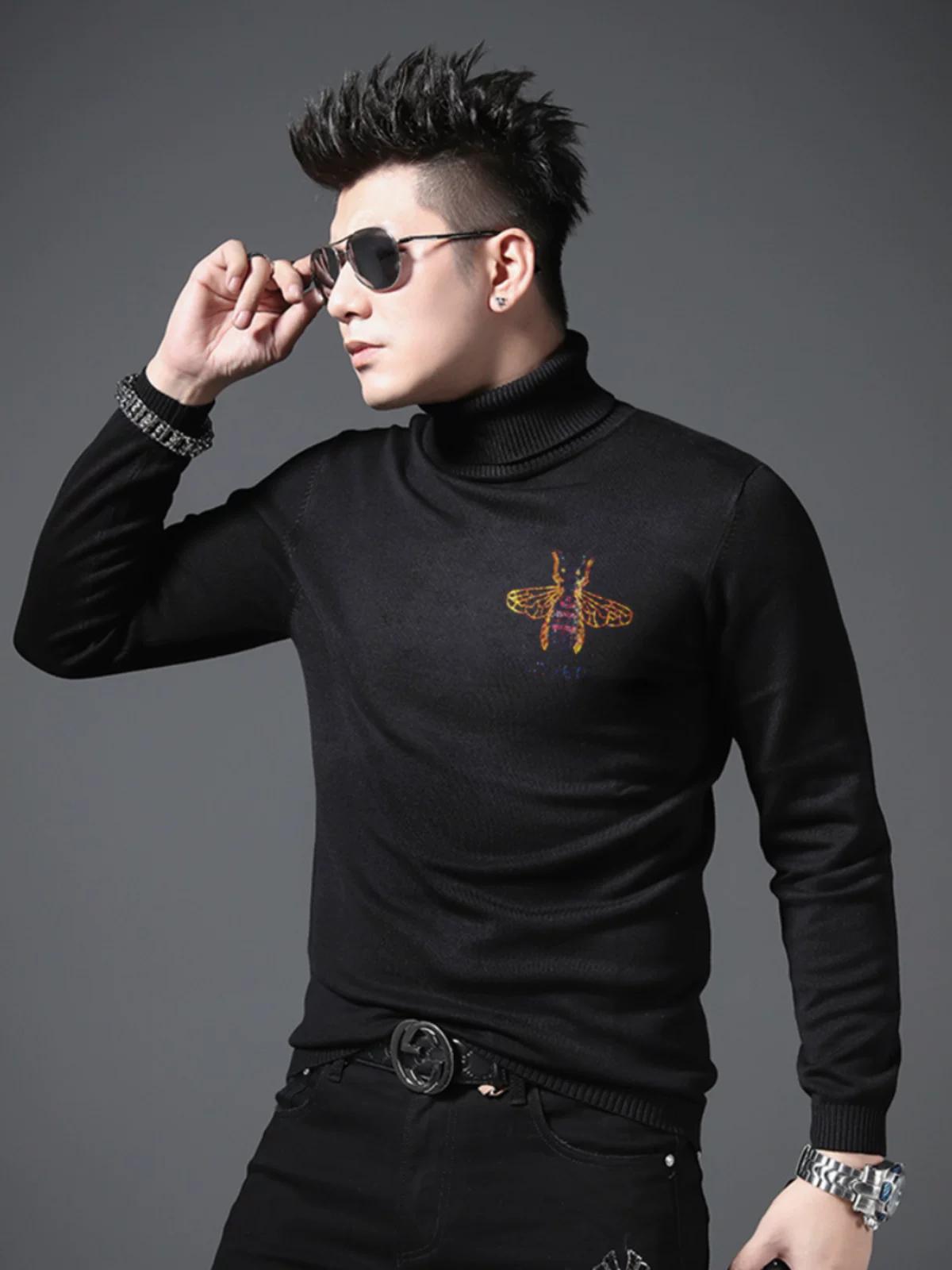 

Men s Turn-Down Collar Long-Sleeve Knit Shirt with Bee Rhinestones XL чёрный