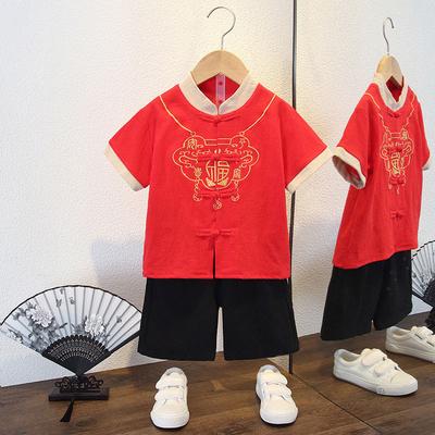 Boys Full Moon Week Han Suit Two-piece Set Handsome Small Children Chinese Style Summer Outfit Breathable Tang Suit Clothes Trousers Set