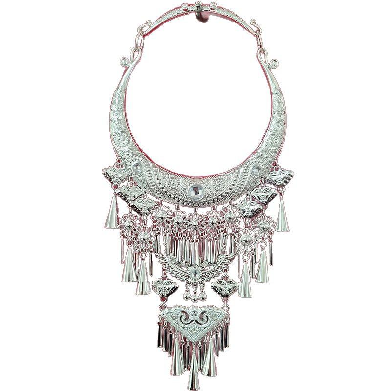 Miao Silver-Plated Gem Rhinestone Tassel Necklace for Hanfu Dance