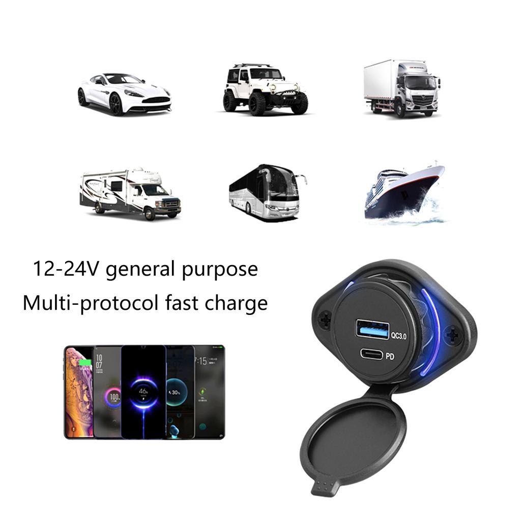 Quick Charge3.0 and PD18W S USB Outlet 12V/24V Panel Mount Car Chargers 36W USB Port Outlet Waterproof Cover