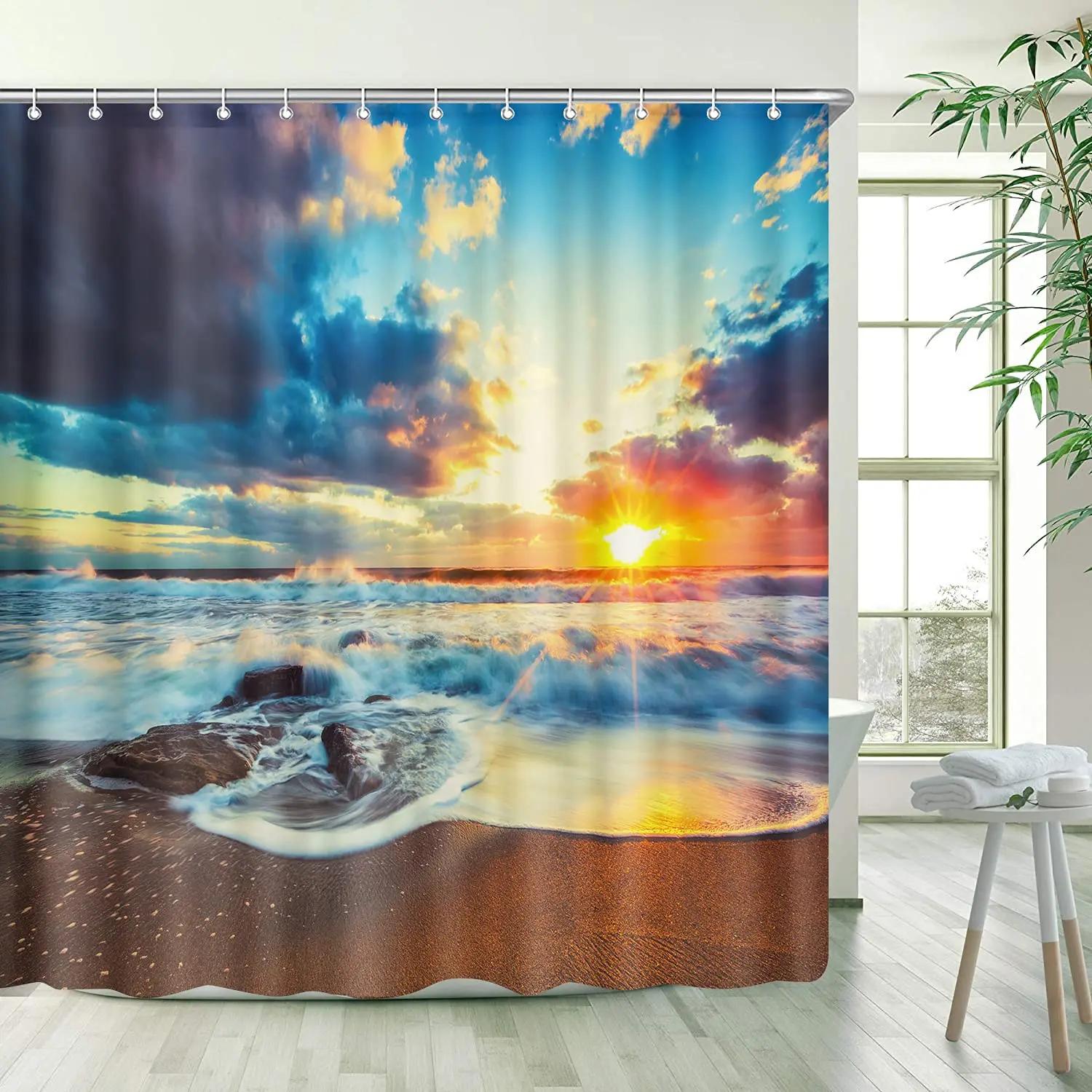 

Tropical Palm Trees On Island Ocean Beach Through White Wooden Windows Shower Curtain Waterproof Fabric Bathroom Decor With Hook W60H190(CM)-1 Pcs