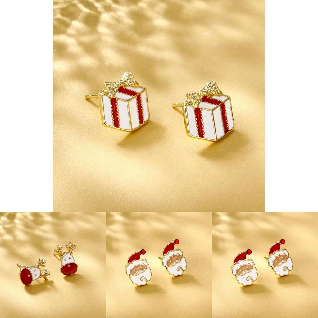Christmas Themed Stud Earrings For Women Elegant Alloy Santa And Reindeer