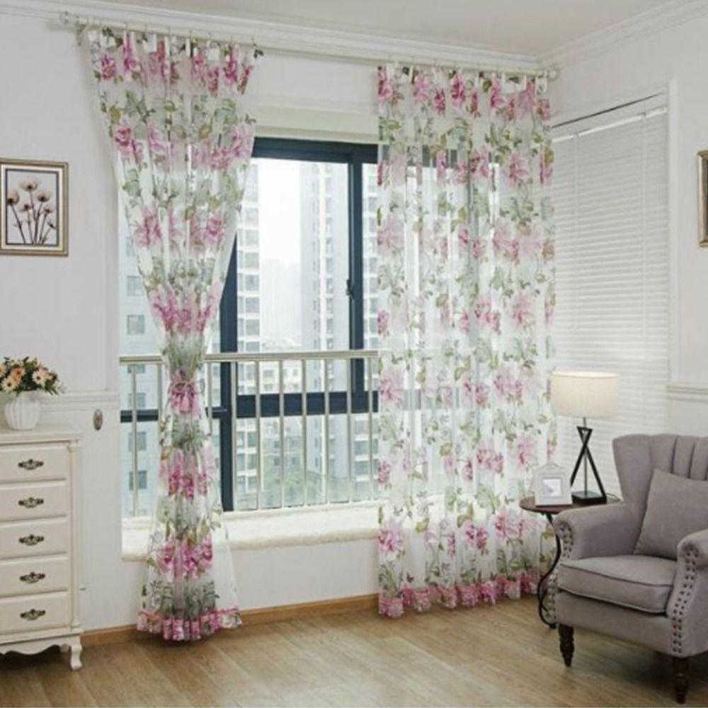 Floral Tulle Living Room Peony Pattern Flower Curtain Window Drapes Home Decoration Sheer Curtains