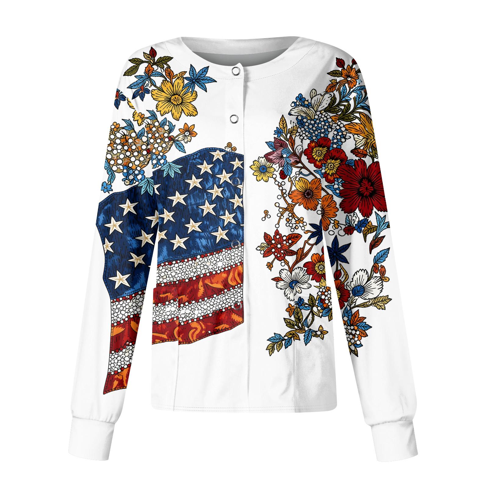 

Women s Casual Fashion Long-Sleeve Stand-Up Collar Single-Button Independence Day Print Workwear Jacket XL білий