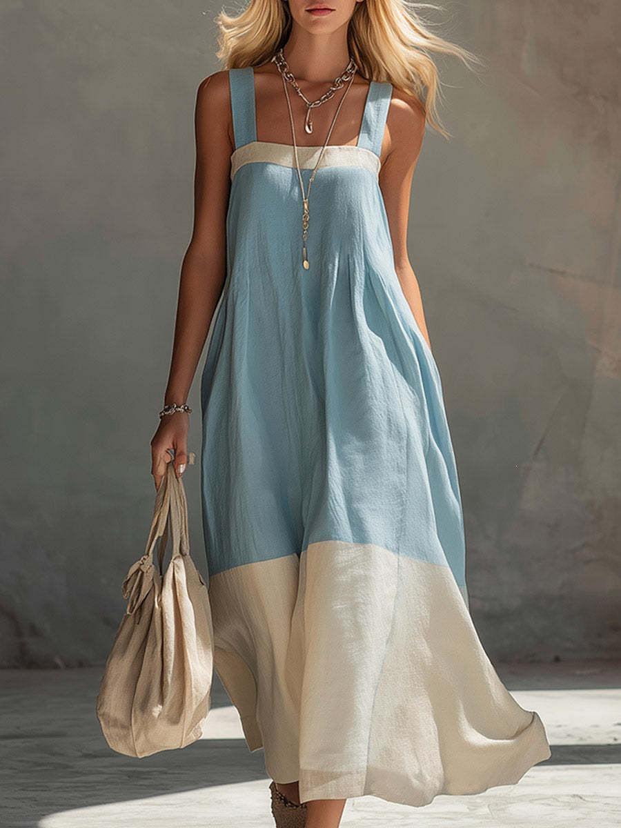 2026 Patchwork Spaghettiträger Langes Kleid - Color Block, Damen Polyester gray