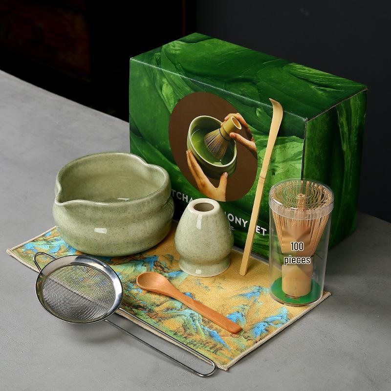 Japanese Heart-shaped Matcha Bowl Set with Whisk and Brush for Tea Ceremony