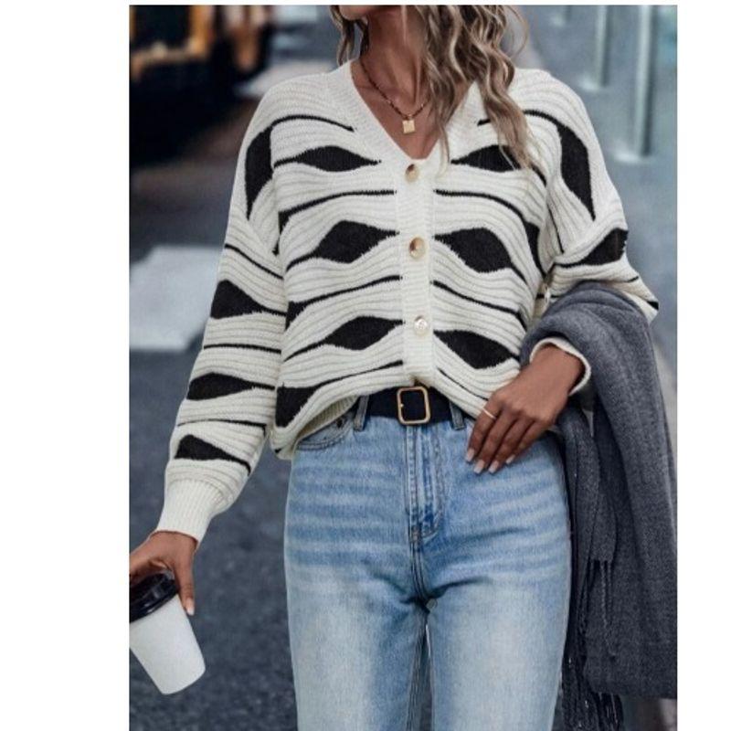 Autumn and Winter New European and American Fashion V-neck Single-Breasted Stripe Loose Knit Cardigan Long Sleeve Sweater Outerwear Bottoming Shirt