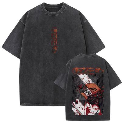 Anime Chainsaw Man Vintage Washed T-Shirt Hayakawa Aki Beschwörung Kon Fuchs Teufel Grafik T-Shirts Herren Damen Freizeit T-Shirts