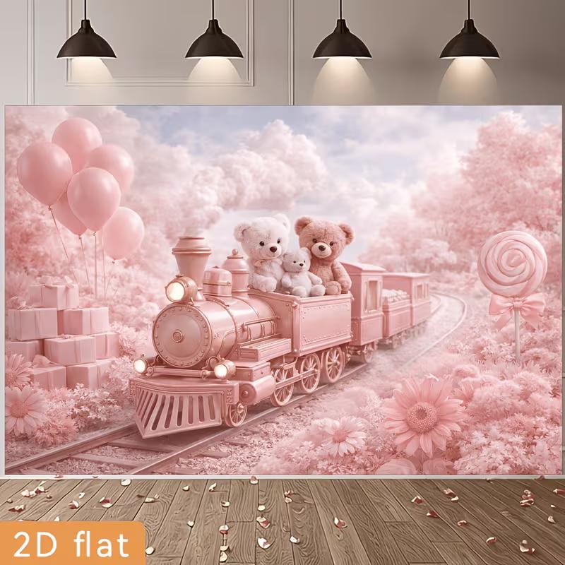 

2D Cute Pink Train Backdrop with Balloons & Gifts Kids Birthday Photo Background 47.2x31.5inch/120*80cm