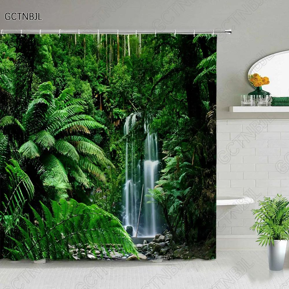 Modern 3D Printing Green Plant Tree Scenery Shower Curtains Forest Bamboo Landscape Bath Curtain Set For Bathroom Decor Cloth