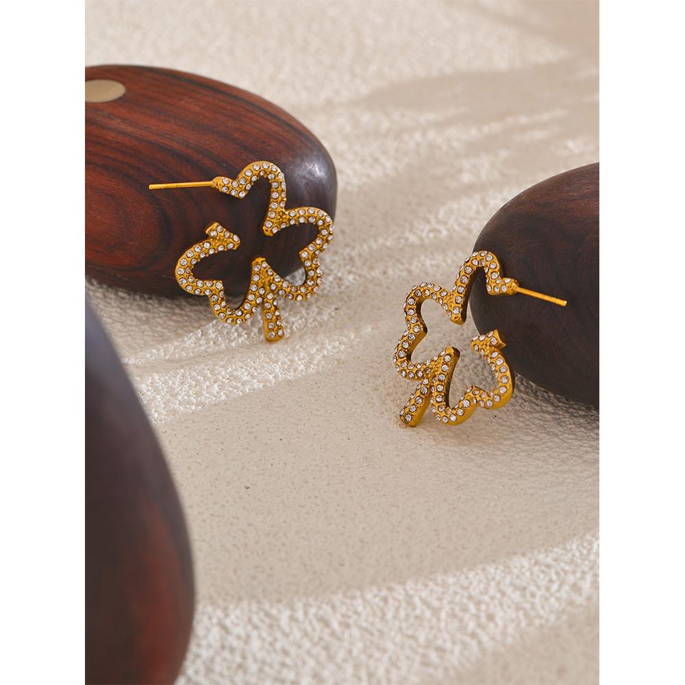 Yhpup Cubic Zirconia Flower Golden Earrings Stainless Steel Waterproof Jewelry
