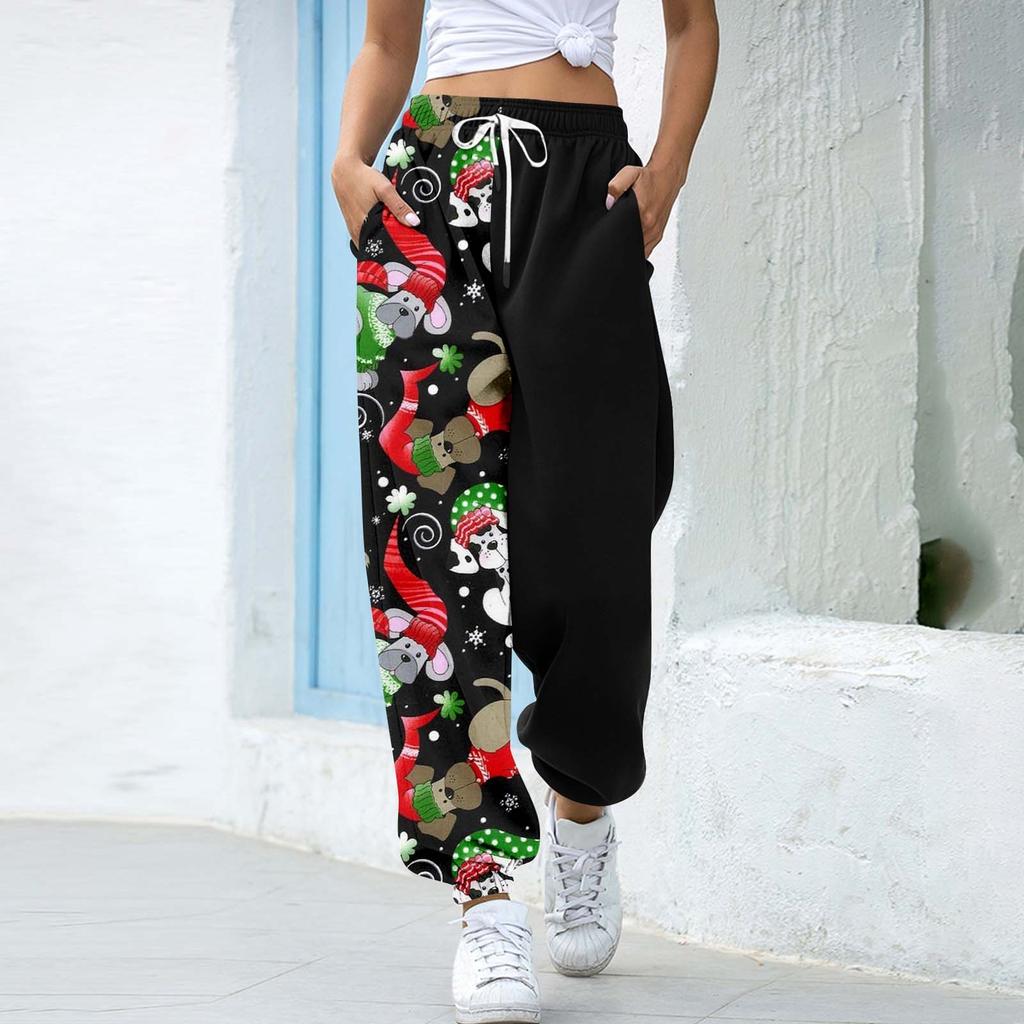 Women's Christmas  Print Casual Pants Drawstring Elastic Waist Drawstring Pants WIth Pockets