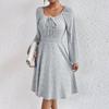 Autumn And Winter Square Neck Waist Large Hem Solid Colour Fashion Pit Stripe Long Sleeve Dresses