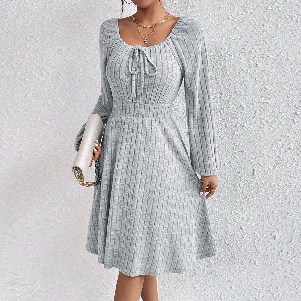 Autumn And Winter Square Neck Waist Large Hem Solid Colour Fashion Pit Stripe Long Sleeve Dresses