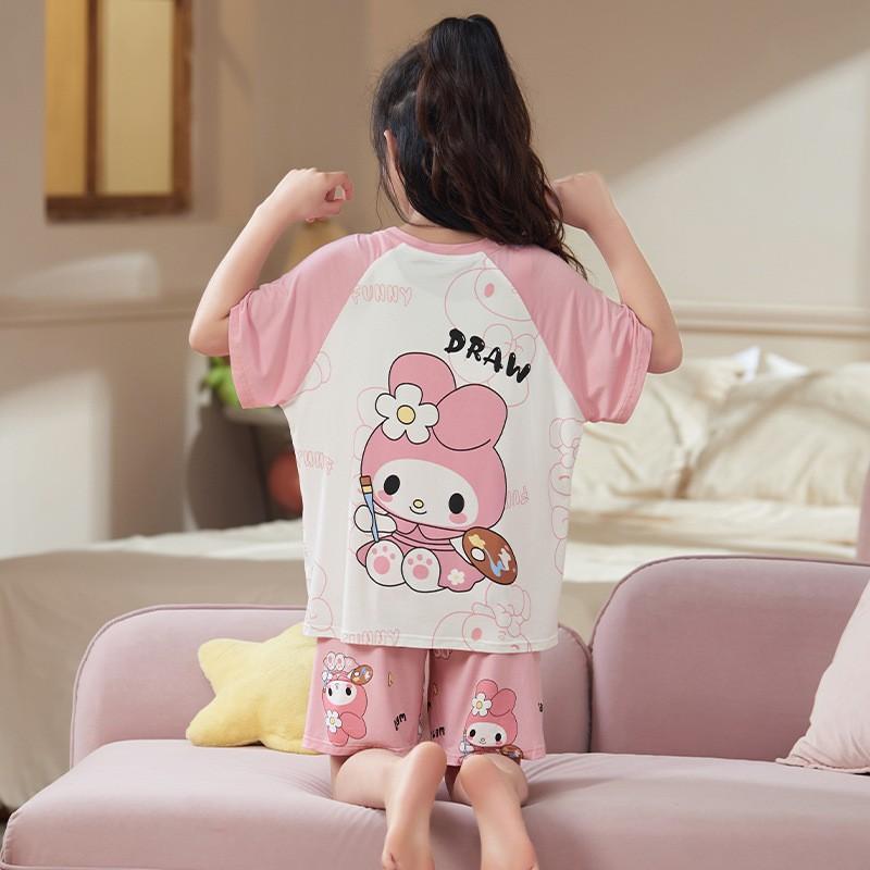 Girls Modal Cotton Pajama Set Short Sleeve Lightweight Sleepwear Cartoon Print Home Outfit Kids