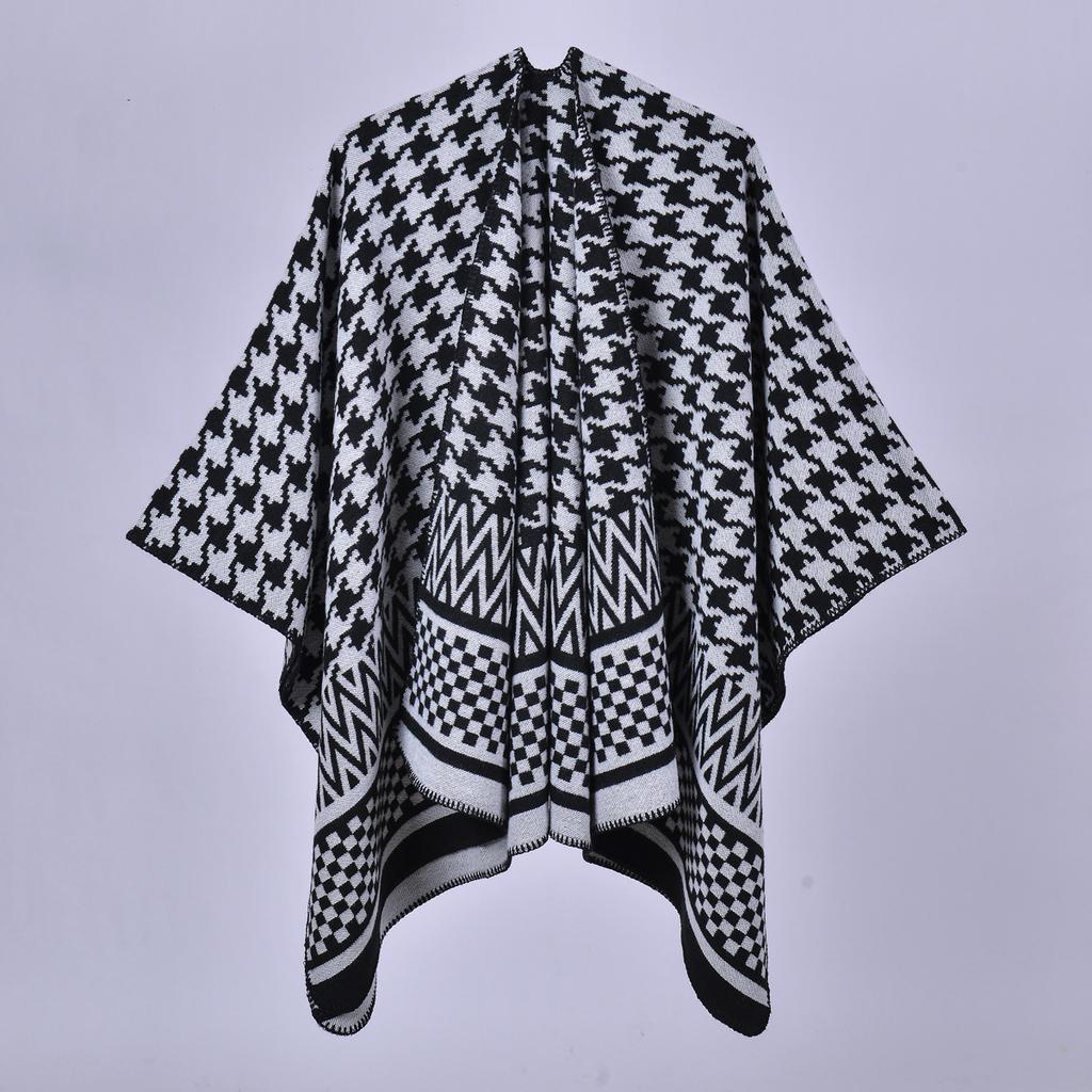 Women's New Autumn and Winter Warm Shawl European and American Classic Thousand Bird Grid Cloak Knitted Scarf Shawl Split Cloak