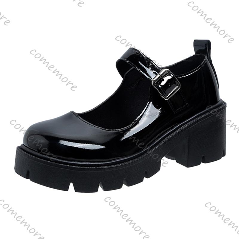 Fashion Comemore Black Ankle Buckle Platform Pumps Japanese Style Patent Leather Mary Jane Shoes Woman Punk Thick Heels Lolita Shoes