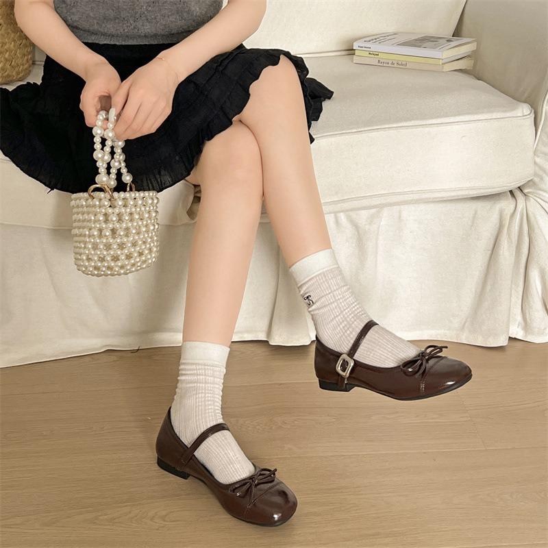Round Head Bow Flat Sole Shoes Women's Summer New Versatile Small Leather Shoes Shallow Mouth Mary Jane Skirt