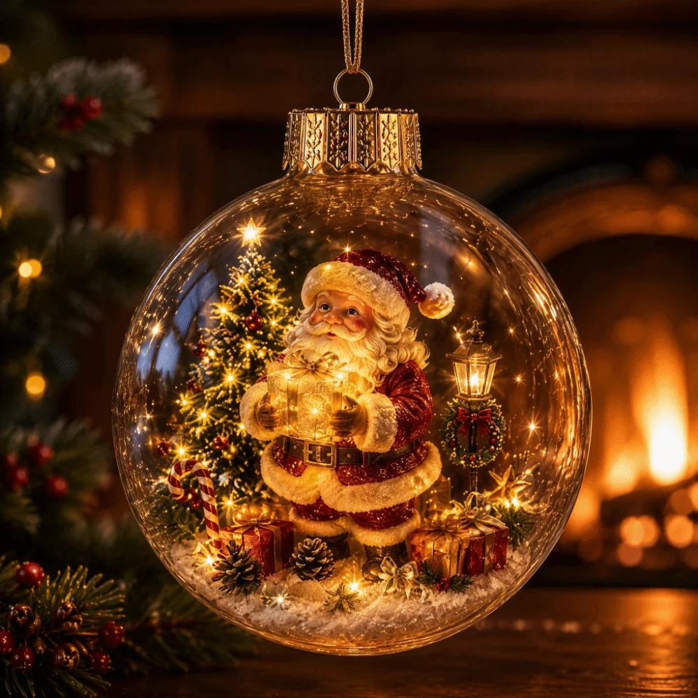 2pc Acrylic Material Christmas Ball Ornament Transparent Design with Light Santa Claus Pendant Hanging Christmas Decor