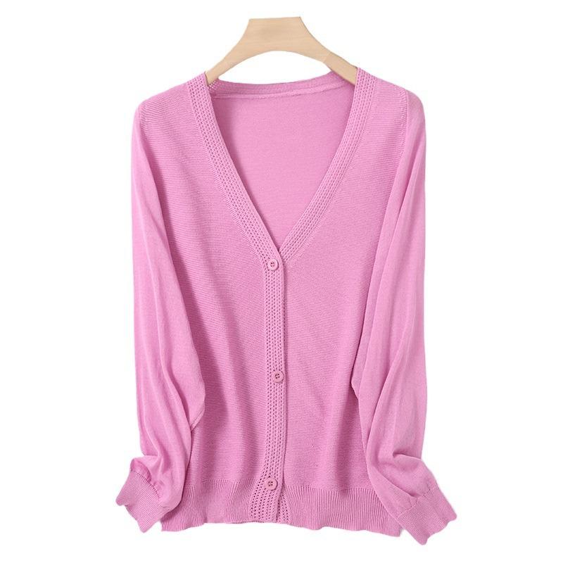 New Summer Literary and Fresh Linen Knitted Cardigan V-neck Solid Color Loose Version Long-sleeved Women's Cardigan