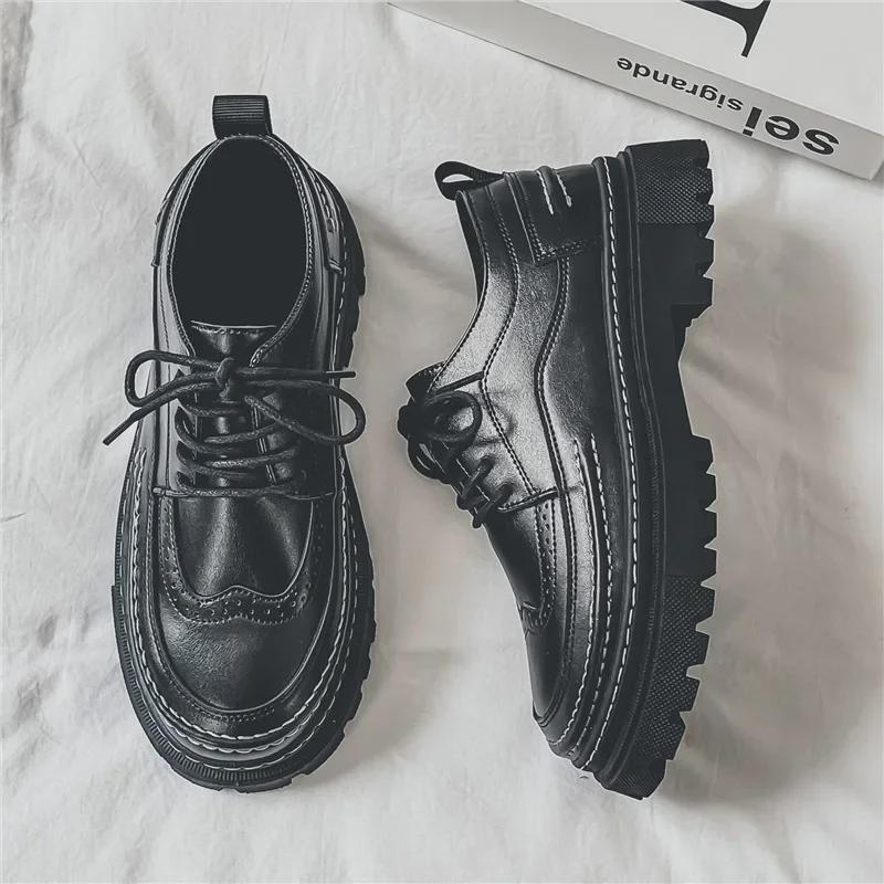 Men's Black Leather Brogue Shoes - Summer Formal/Casual, British Style, Youthful, Soft Surface, Height-Boosting.