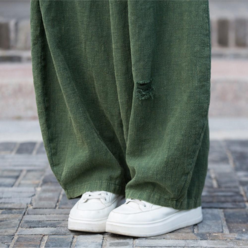 Johnature Women Vintage Bloomers Pants Elastic Waist Autumn Trousers Solid Color Loose Hole Long Pants