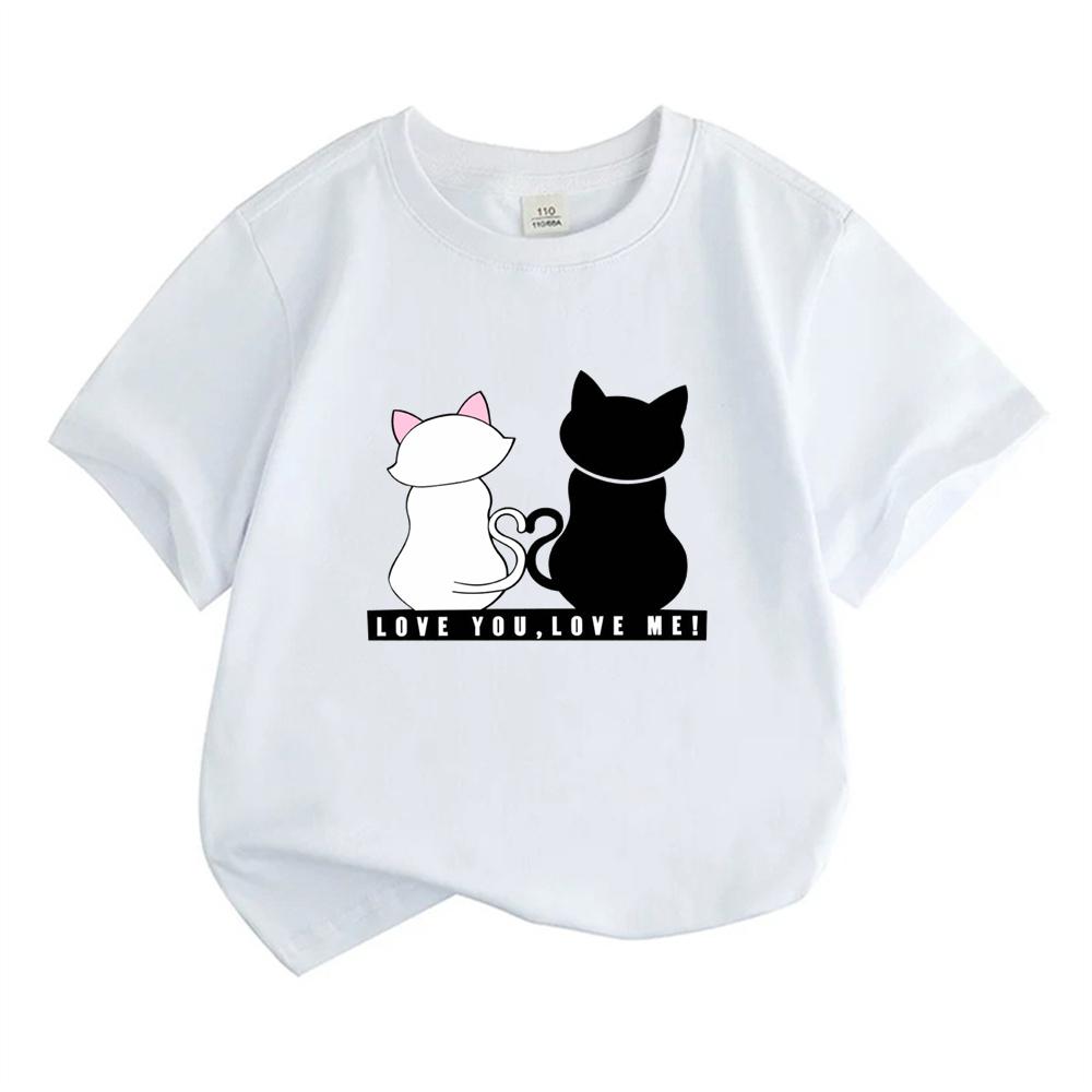 Child Cute Kitten T-shirt Girls White Pink Short Sleeve T-shirts Tops Summer Casual Party Supplies Tee