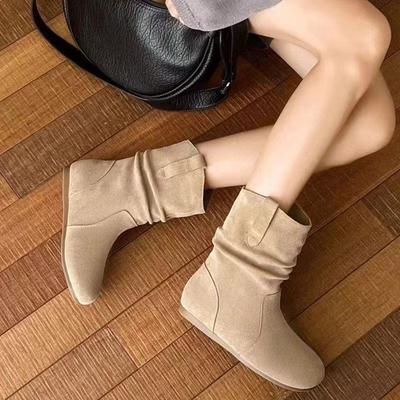 New European and American Style Short Boots Autumn Matte Pleated Retro Gentle Maillard Street Shot Stacking Boots
