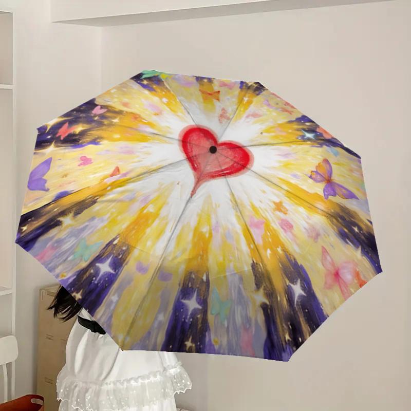 Colorful Butterfly Heart Automatic Opening Folding Umbrella - 8 Bone Iron Frame, Suitable for Fans, Travel, Daily Use, Festive Gift1121001a