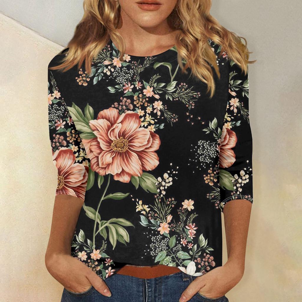 Women's Fashion Casual Round Neck Three Quarter Sleeve  Printed T-Shirt Top