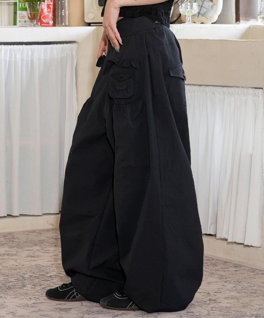 RuNaKi'Hu' Wxp042 Saki Frill Seersucker Wide Pants (Black)