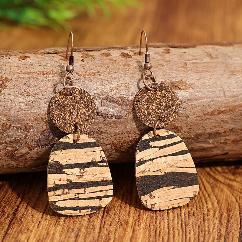 Fashion Double Layer Cork Texture Dangle Earrings Wood Grain Patchwork Design Niche Artistic Earrings Versatile Commute Wear For Ladies