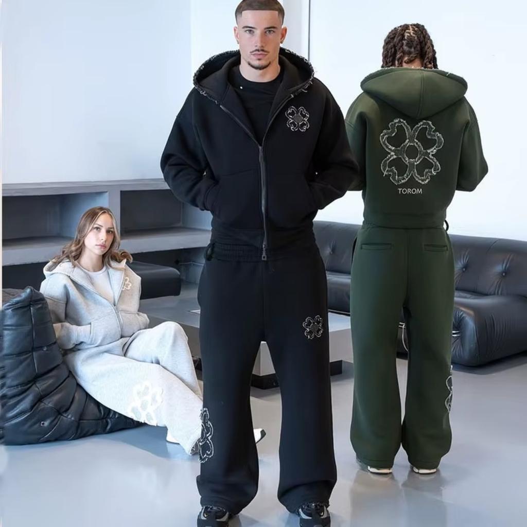BeatStreet Embroidered Zip Hoodie & Pants Set Men Streetwear Trendy Loose Casual 2-Piece Tracksuit New Fashion