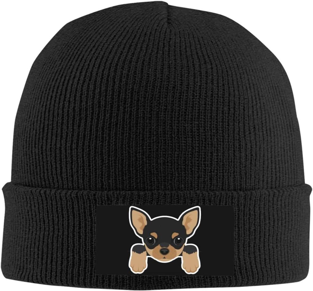 Black Knitted Beanie with French Bulldog Patch Winter Warm Hat for Men Women Dog Lover Animal Print Skull Cap