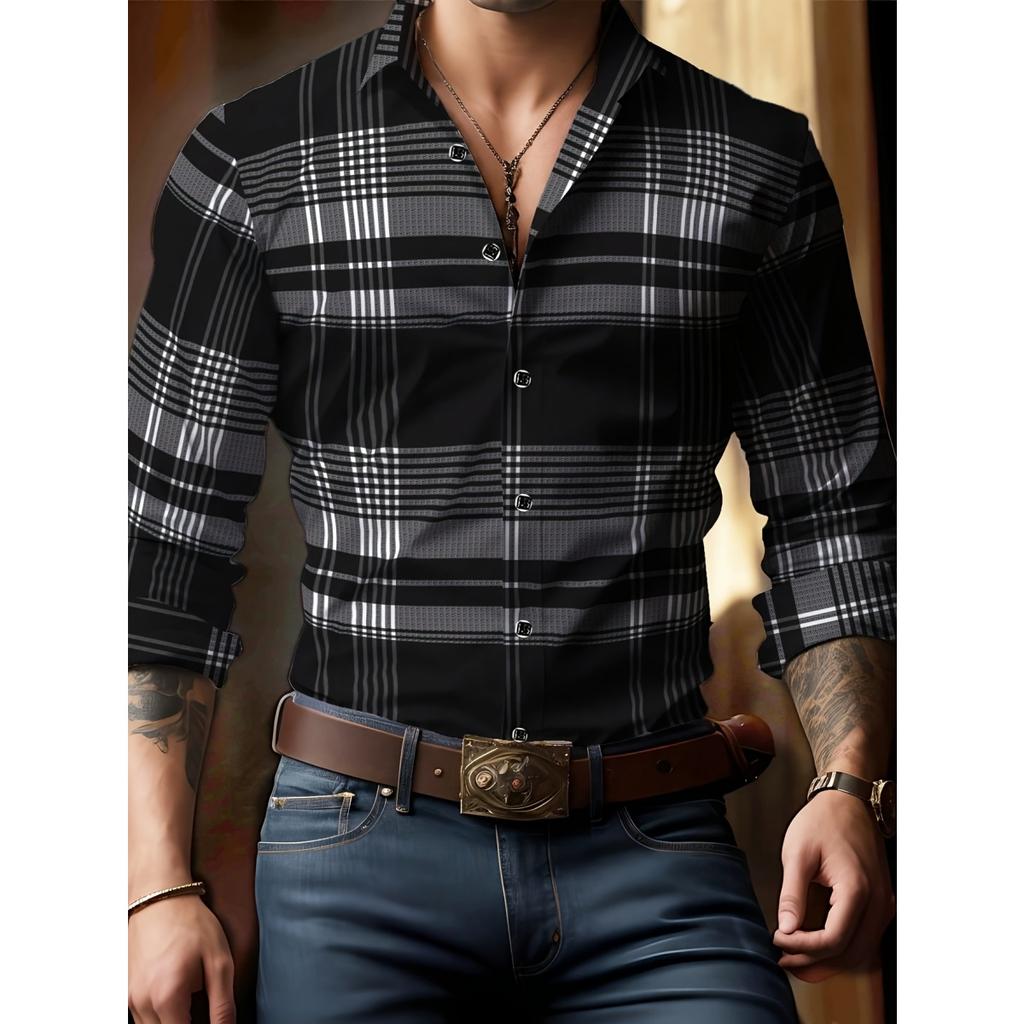 Men's Trendy Geometric 3D Line Print Long-Sleeved Shirt Men's Button up Shirt Casual Fashion Male White Shirt Lapel Shirt Tops