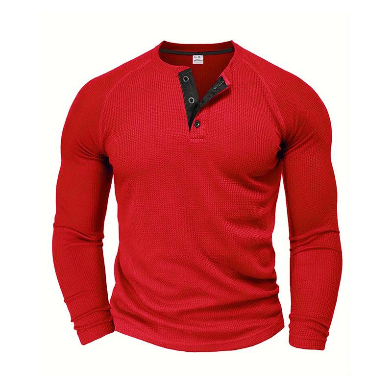 Męskie koszulki polo henley z dzianiny waflowej, z długim rękawem, gładkie, codzienne, sportowe, topy