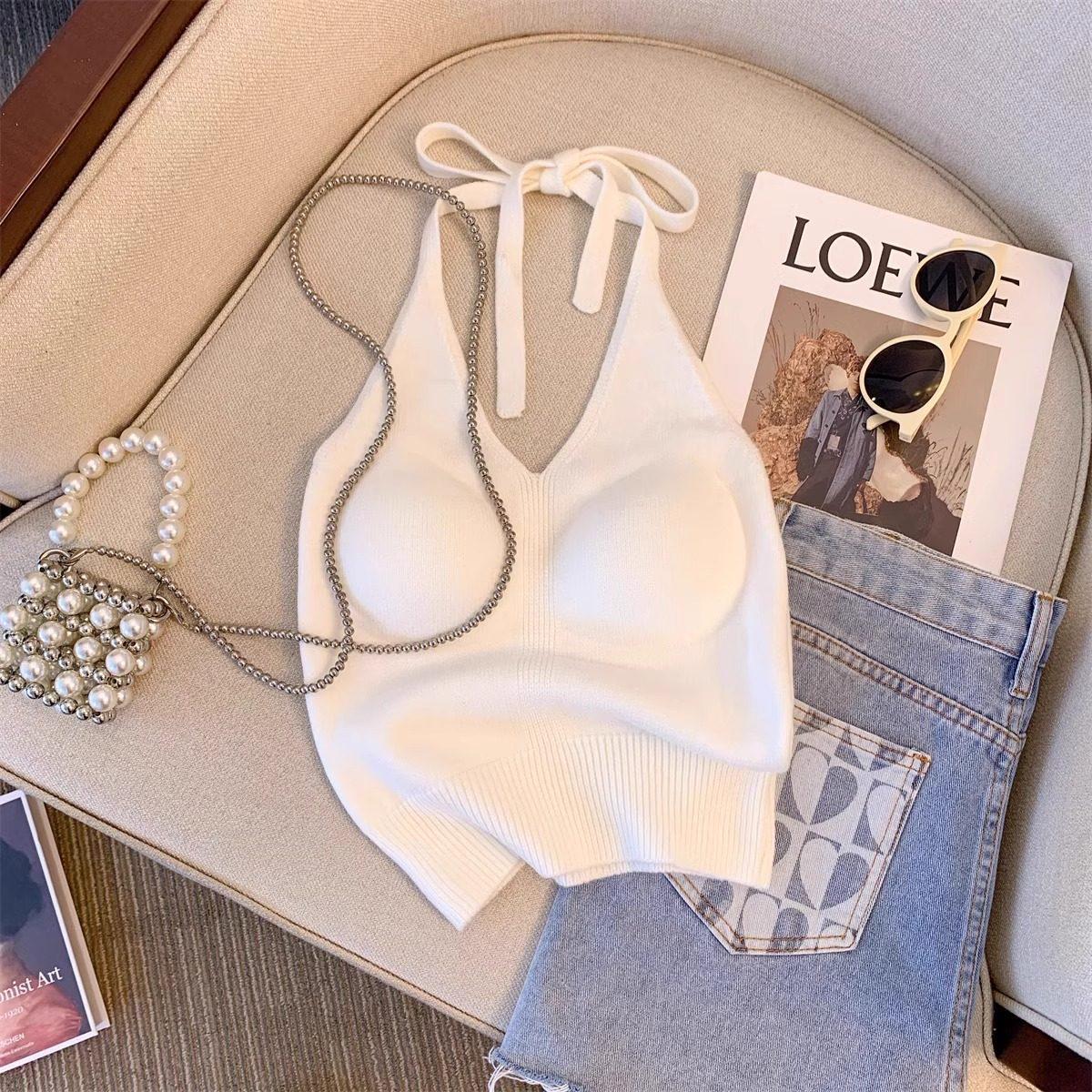 

Backless Blue V-Neck Halter Knit Tank Top for Women 2026 One Size [suitable for 70-140 jin]