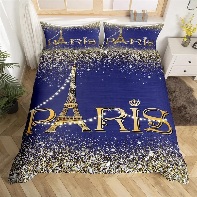 Eiffel Tower Duvet Cover Set Single Twin King For Kids Girl Teen Room Paris Bedding Set Microfiber Gradient Diamond Quilt Cover