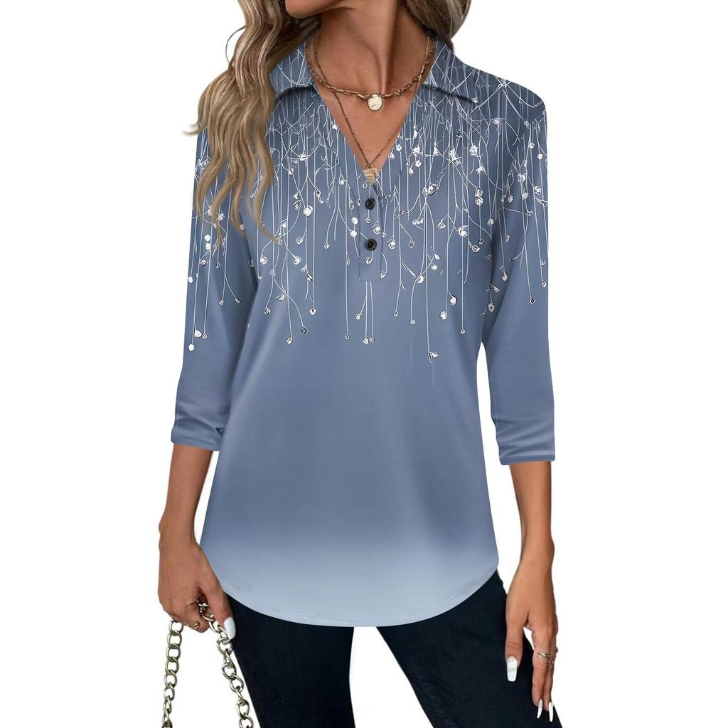 Women's Fashion Casual Lapel Short 3/4 Sleeve Print Shirt Women's V-Neck Button Tops