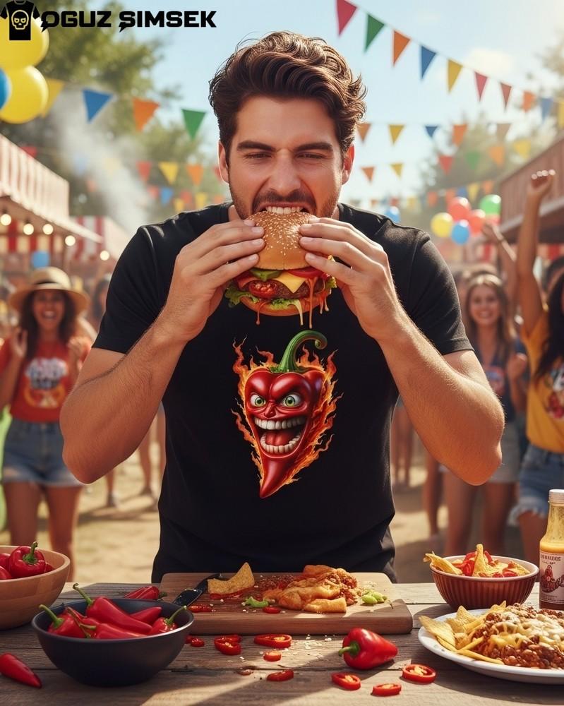 

Cartoon Funny Flamin Hot Chili Pepper Spice Graphic T-Shirt Unisex Tee XL