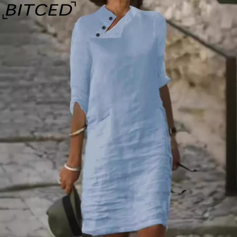 BITCED Women's Fashion Summer Spring Solid Color Print Short Sleeve High Waist Casual Dresses