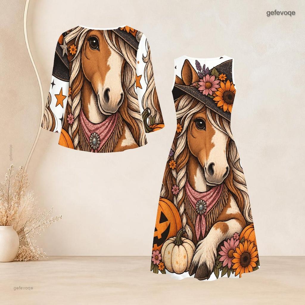 Women Plus Size Two Piece Set Halloween Printed Three Quarter Sleeve Cardigan Sleeveless Long Dress